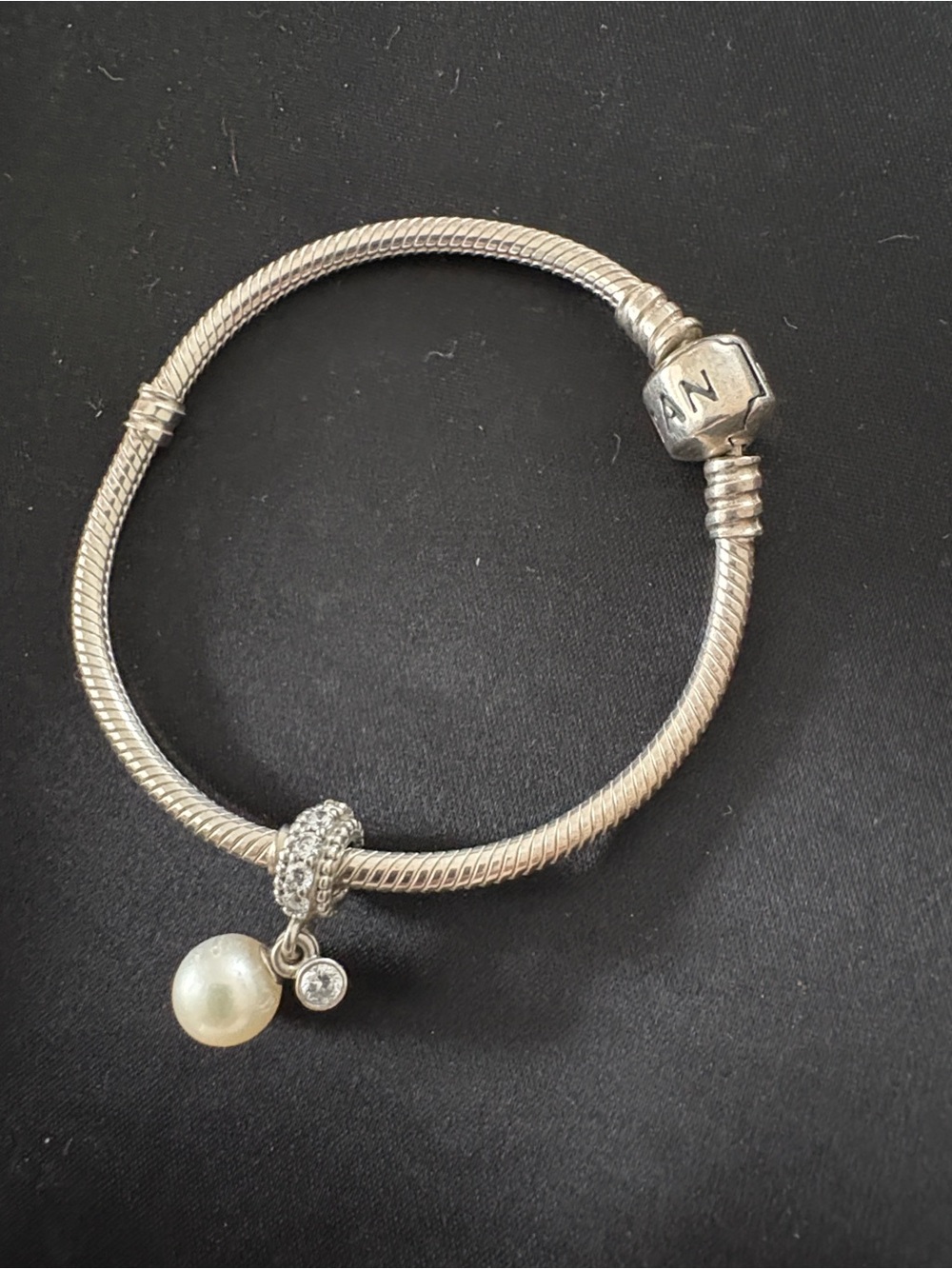 Pandora silver snake bracelet plus pearl & CZ charm